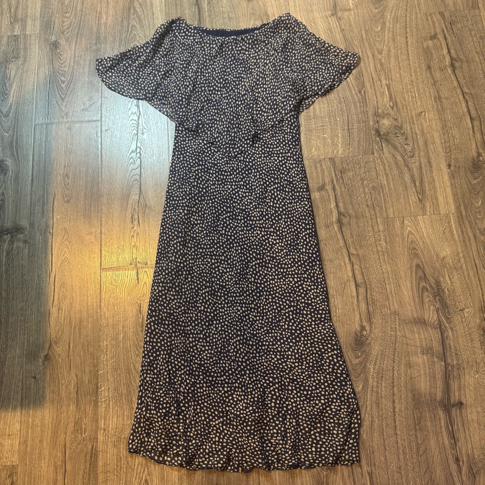 Navy Polka Dot Flutter Sleeve Maxi Dress